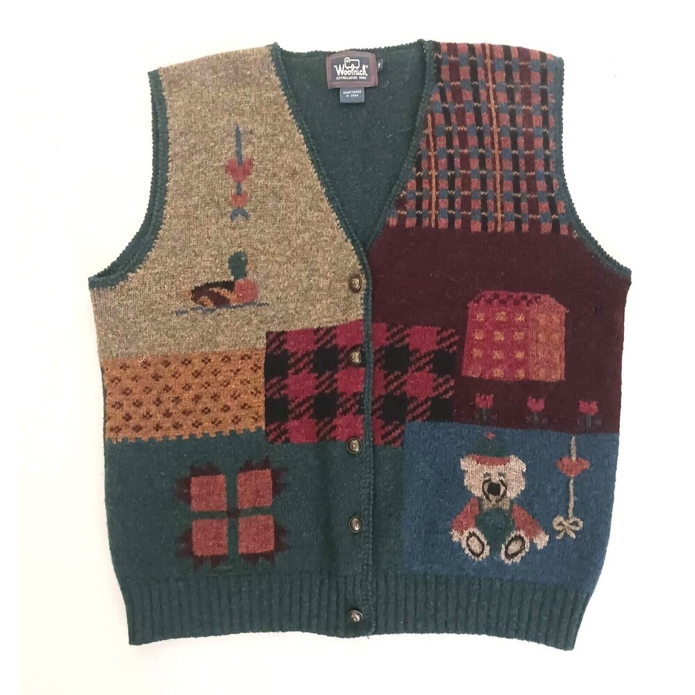 VTG Woolrich Vest Retro Country Patchwork 100% Wool Knit Green Brown Rust Sz M